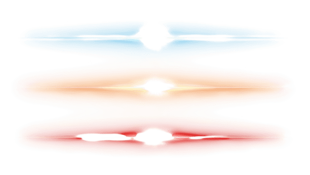 Set of three different color lens flare isolated on transparent background, for overlay effect png