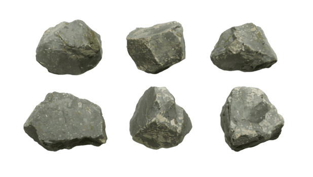 Six gray stones are arranged on a white surface, creating a simple and natural composition isolated on transparent background png