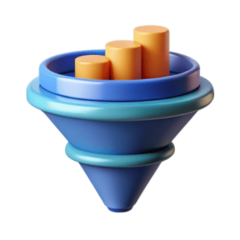 3d interpretazione di un' blu imbuto con arancia bar grafico dentro, simboleggiante i saldi imbuto e condurre generazione isolato su trasparente sfondo png