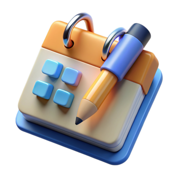 A 3d render of a stylized calendar with a pencil and buttons, symbolizing planning and organization, isolated on transparent background png