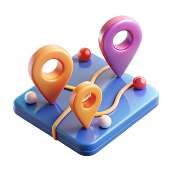 A 3d map with location pins and navigation markers, isolated on transparent background png