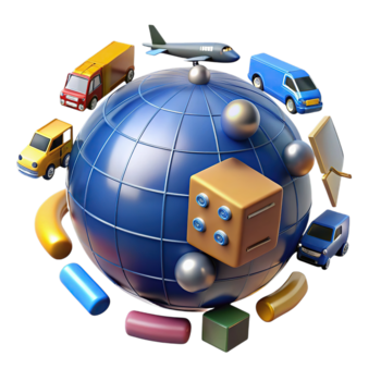 A 3d globe surrounded by various modes of transportation and abstract shapes, isolated on transparent background png