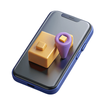 3d rendering of a smartphone with a small package and a purple cone icon, symbolizing online shopping and delivery services, isolated on transparent background png