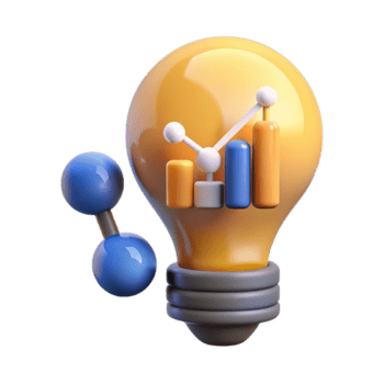 A 3d conceptual representation of a bright idea, featuring a glowing light bulb with a bar graph and molecular structure, isolated on transparent background png