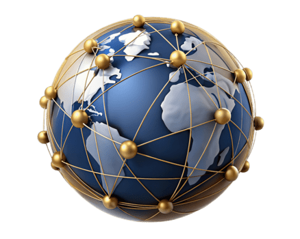 Global network connection with golden nodes and lines on a blue earth, representing international communication and technology, isolated on transparent background png