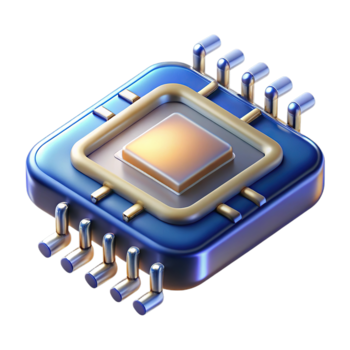 A 3d rendering of a blue computer microchip with gold and silver accents, isolated on transparent background png