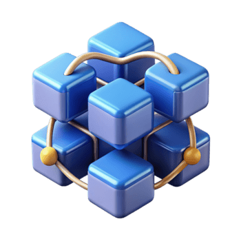 astratto 3d cubo struttura con interconnesso blu blocchi e d'oro sfere, isolato su trasparente sfondo png