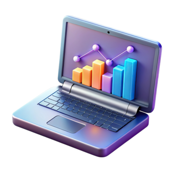 3d illustrazione di un' il computer portatile visualizzazione un' colorato bar grafico e linea grafico, isolato su trasparente sfondo png