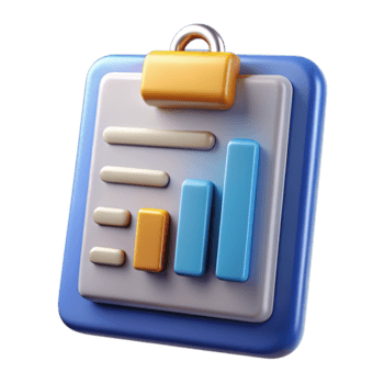 Illustration of 3d bar chart icon on a clipboard, representing data analysis and growth, isolated on transparent background png
