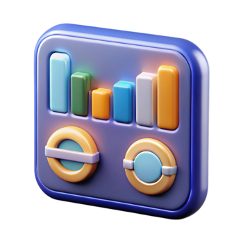 Illustration of a 3d icon representing data analysis and statistics with colorful bars and circular elements, isolated on transparent background png
