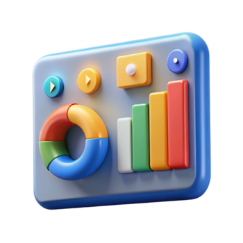 illustration av en stiliserade 3d instrumentbräda gränssnitt visning en segmenterad munk Diagram och stigande bar Graf, highlighting data visualisering och företag metrik transparent bakgrund png
