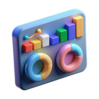illustration av en 3d framställa av en blå instrumentbräda med färgrik diagram, Inklusive en bar Graf och två munk diagram, symboliserar data analys och företag insikter isolerat på transparent bakgrund png