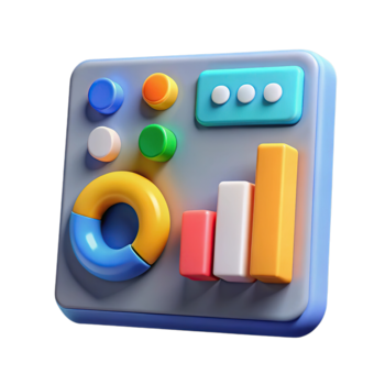 Illustration von ein spielerisch 3d Instrumententafel Grafik mit ein Krapfen Diagramm und Bar Graph, mit hell Farben und einfach Formen zum Daten Darstellung und Geschäft Einsichten transparent Hintergrund png