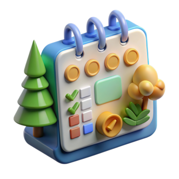 Of 3d rendering of a colorful calendar with trees and checkmarks isolated on transparent background png