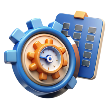 Of 3d render of a stylized clock face with gears and a clipboard isolated on transparent background png
