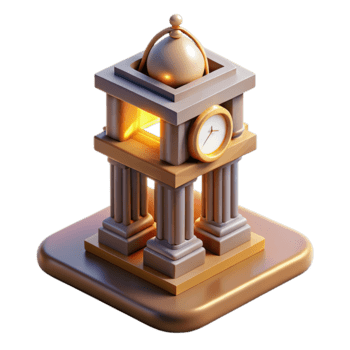Of a stylized 3d icon representing a clock tower with classical architectural elements isolated on transparent background png
