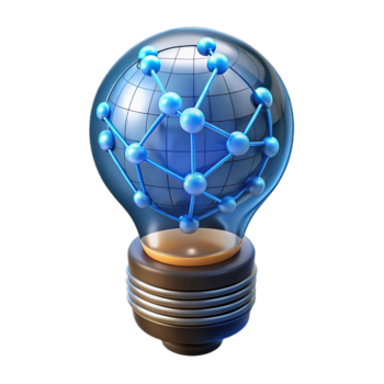 av 3d tolkning av en transparent ljus Glödlampa som innehåller en blå molekyl nätverk och en klot, symboliserar global idéer och vetenskaplig förbindelse, isolerat på transparent bakgrund png