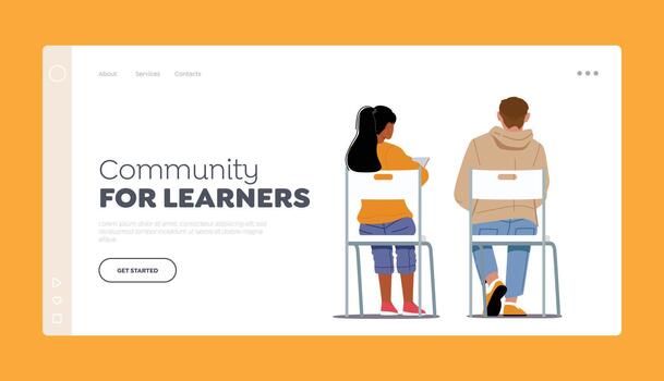 comunidad para aprendices aterrizaje página modelo. conferencia Participantes sentado en sillas espalda vista, personas escritura notas vector