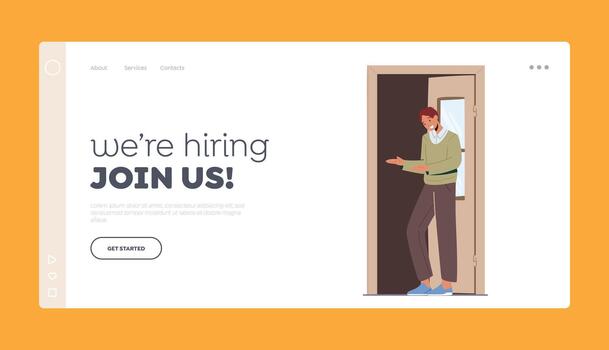 We are Hiring, Join Us Landing Page Template. Friendly Character Invite into Open Door, Man Showing Invitation Gesture vector