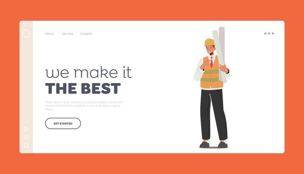 Professional Architecture Constructor Worker Landing Page Template. Builder, Engineer Foreman Character with Blueprint vector
