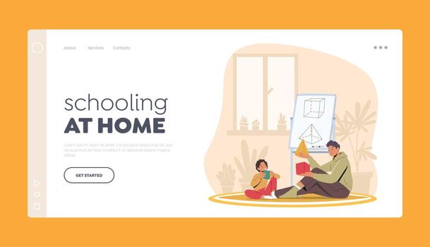 Schooling at Home Landing Page Template. Father and Little Kid Learn Geometric Shapes. Parent and Child Characters Study vector