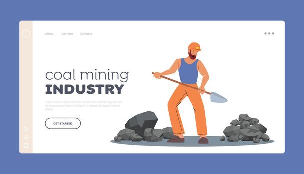 Coal Mining Industry Landing Page Template. Miner Work, Extraction Profession. Worker Character in Uniform and Helmet vector