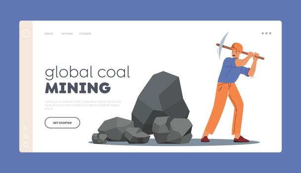 mineral exploración, carbón minería industria aterrizaje página modelo. minero con piqueta excavación suelo explorar fósil en cantera vector