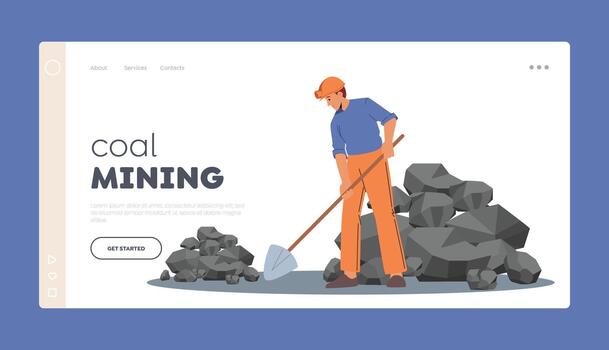 Mineral Exploration, Coal Mining Industry Concept Landing Page Template. Male Character in Working Robe Explore Fossils vector