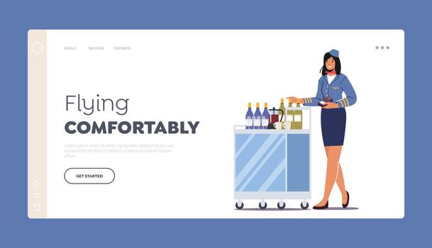 Air Hostess in Uniform Landing Page Template. Stewardess Push Trolley with Drinks Holding Pos Terminal. Flight Attendant vector