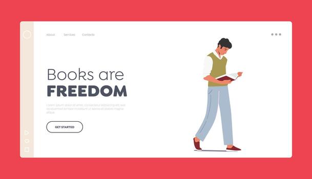 Knowledge Landing Page Template. Young Man Student Character Reading Book while Walking. Bookworm Enjoying Reading vector