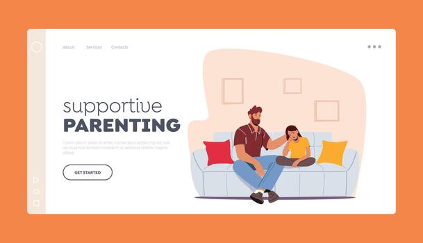 apoyo paternidad aterrizaje página modelo. padre personaje apoyo niño. padre y llorando hija compartir problemas vector