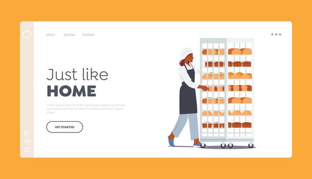 Bakery Factory Landing Page Template. Baking Plant Working Process. Baker in White Robe Rolling Trolley with Bread vector
