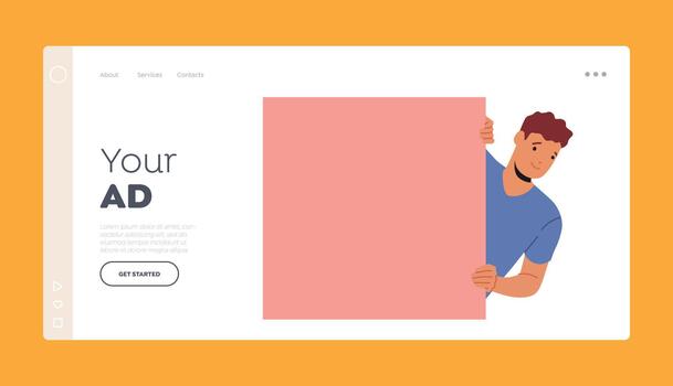 Your Ad Landing Page Template. Smiling Male Character Peeping and Peeking from behind of Pink Square Shape, Man Looking vector