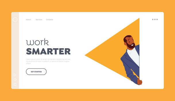 Work Smarter Landing Page Template. Happy Curious Man Peeking From Behind Wall with Yellow Rectangular Shape vector