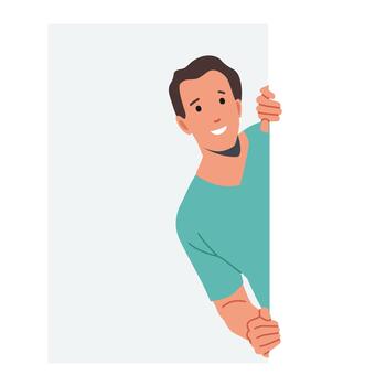 Young Smiling Curious Male Character Peeking From Behind Wall with Rectangular Shape and Looking Outside vector