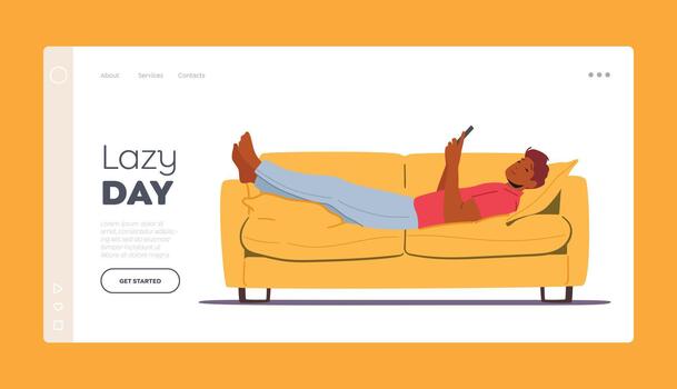 Lazy Day Landing Page Template. Young Man Using Phone Lying on Couch at Home, Relaxing With Smartphone vector