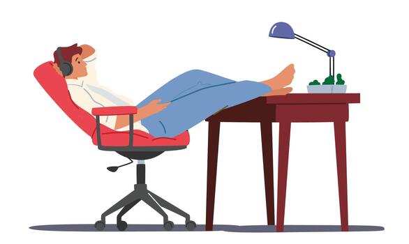 Lazy Man Relaxing with Headphones at Workplace Desk During Working Hours With Legs Lying on Table, Procrastination vector