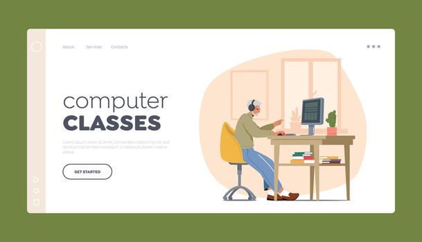 computadora clases aterrizaje página modelo. mayor gris peludo masculino personaje sentado a escritorio con ordenador personal mecanografía mensaje vector