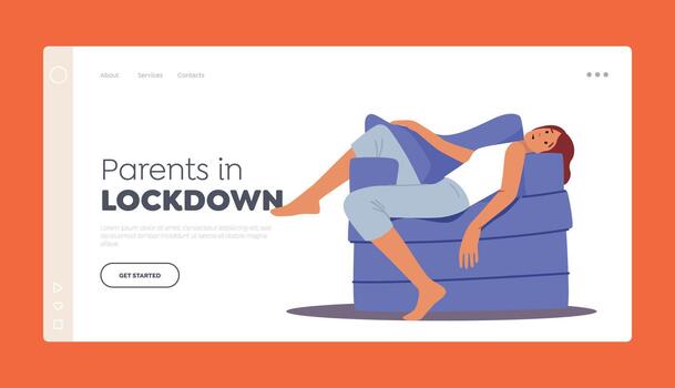padres en encierro aterrizaje página modelo. cansado dormido hembra personaje acostado en sofá en habitación con abierto ojos vector