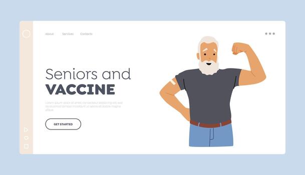 Seniors and Vaccine Landing Page Template. Vaccinated Old Positive Character with Patch on Shoulder Demonstrate Power vector
