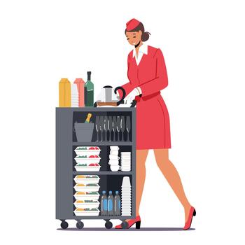 Stewardess Push Trolley with Drinks and Food. Flight Attendant, Air Hostess in Red Uniform Provide Airplane Service vector