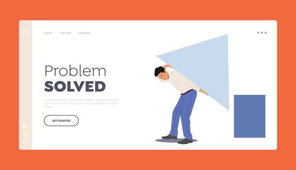 Business Solution, Problem Solving Landing Page Template. Man Carry Huge Triangular Jigsaw Puzzle Piece vector