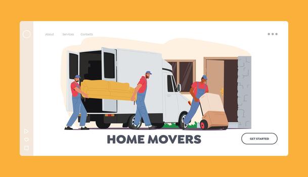 Home Movers Landing Page Template. Relocation or Moving into New House. Worker Characters Push Trolley with Boxes vector