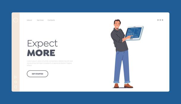Expect More Landing Page Template. Happy Man Presentation, Promoter Pointing with Finger on Digital Device Screen vector