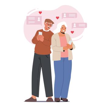 antiguo Pareja chateando vía Internet utilizando Los telefonos. mayor caracteres comunicar en social redes en amor sitios, mensajería vector