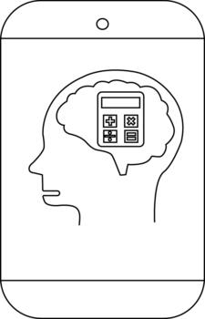 A phone displays a head outline containing a brain inside which is a calculator image vector