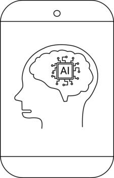 un teléfono muestra un línea dibujo de un cabeza perfil conteniendo un cerebro con un ai circuito vector