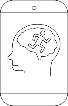 A phone screen displays a head with a brain containing a running figure vector