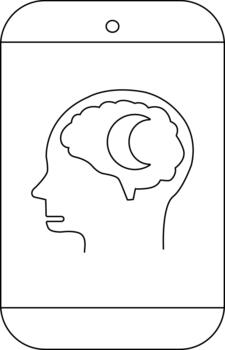 A simple line art image of a phone with a head silhouette containing a brain and crescent moon vector