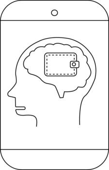 A smartphone displays a brainshaped head outline with a wallet inside the brain vector